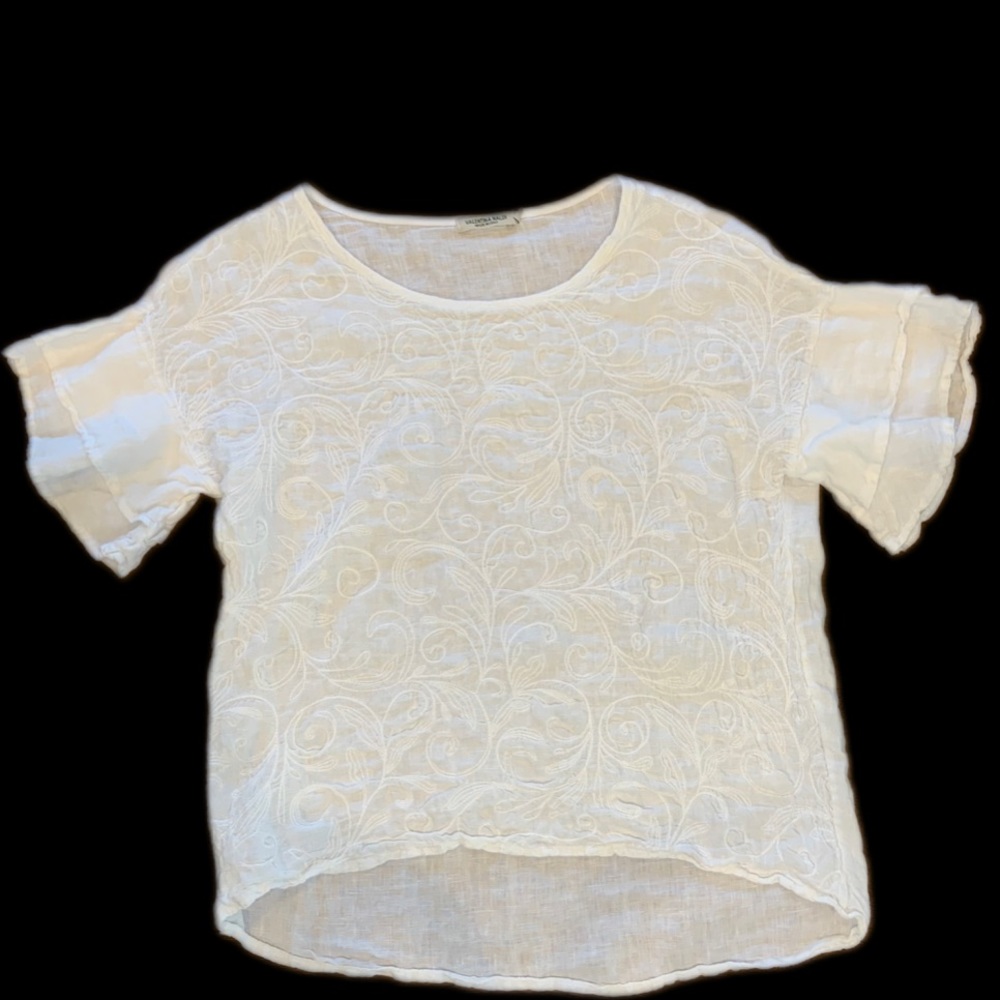 Valentina Naldi Italian made white linen top with flutter sleeves and embroidery